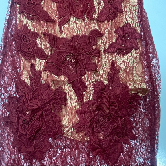 Luxxel Maroon Sheer Net Embroidered Floral Bodycon Dress With Nude Bodysuit M - Picture 10 of 15